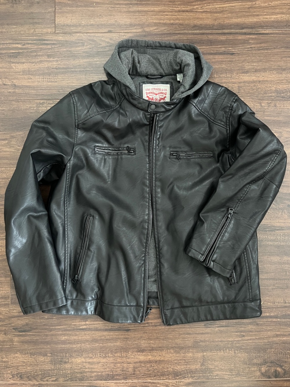Levi's Black Faux Leather Jacket with Gray Hood